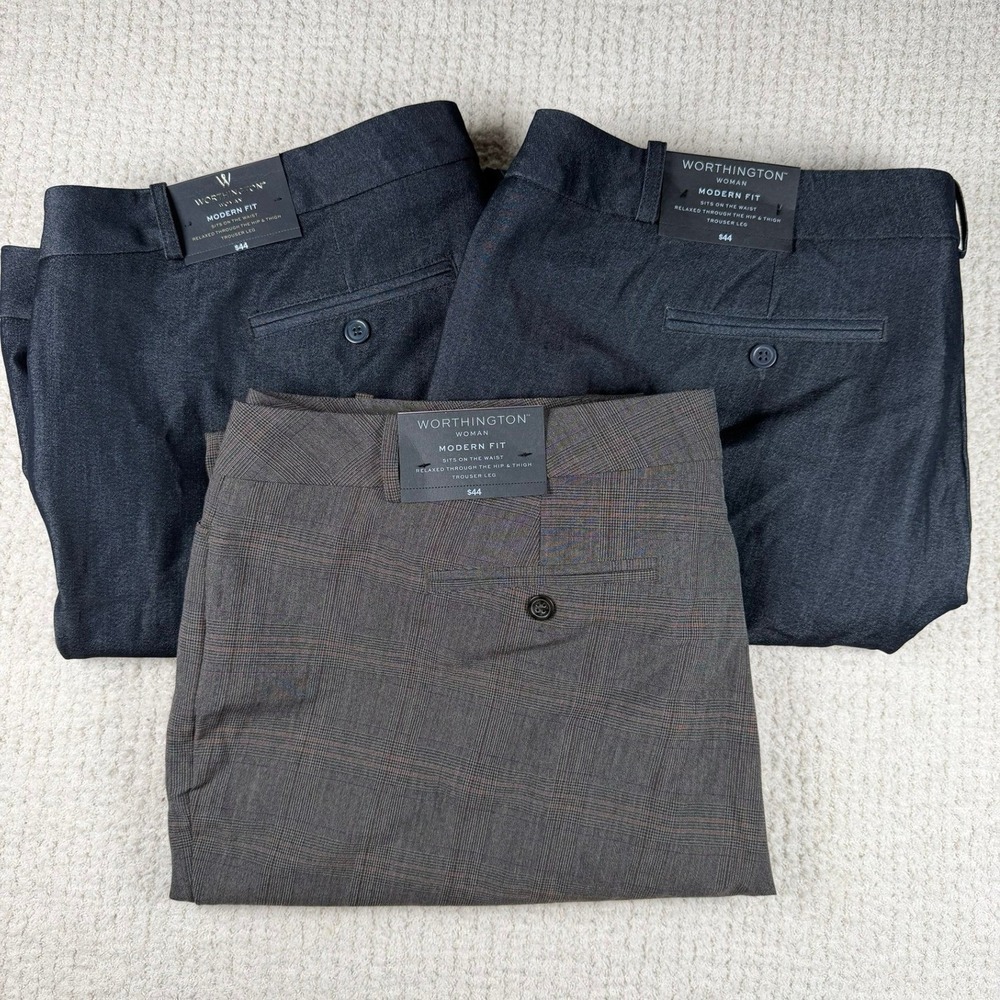 Worthington Woman Modern Fit Trouser Bundle 22W Dark Denim Brown Plaid NWT 3pk